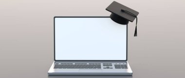 Eğitim, mezuniyet ve öğrenim. Üniversite çevrimiçi çalışıyor. Bilgisayar laptopunda mortarboard ve diploma, gri arka plan, boşluk. 3d illüstrasyon