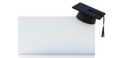 Mezuniyet şapkası ve boş bir kart. Üniversite şapkası beyaz bir kağıtta, diploma töreni davetiyesi ve konfeksiyon için şablonlar, eğitim programları. 3d illüstrasyon