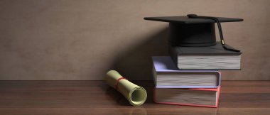 Üniversite eğitimi, püsküllü üniversite şapkası, ahşap bir öğrenci masasında kitap ve diploma kağıdı rulosu, boşluk. 3d illüstrasyon
