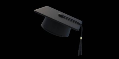 Mezuniyet şapkası. Üniversite, lise ya da siyah arka planda püsküllü üniversite şapkası. Öğrenci diplomalı havan merasimi. Öğrenim başarı sembolü. 3d illüstrasyon