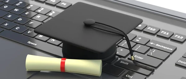 Universidade Universitária Estuda Online Educação Graduação Learning Mortarboard Diploma Teclado — Fotografia de Stock