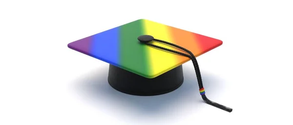 Lgbt研究生帽 高中或大学帽 有白色背景的花边 学生程度同性恋旗板 3D说明 — 图库照片