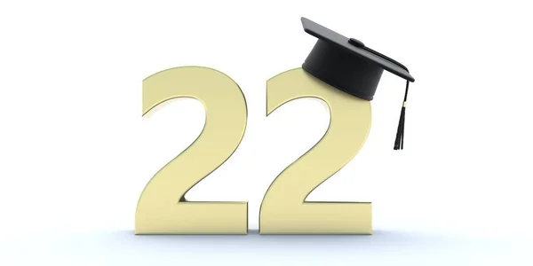 2022 Sınıf Mezuniyeti Altın Yıl Numarası Mezuniyet Şapkası Beyaz Arka — Stok fotoğraf