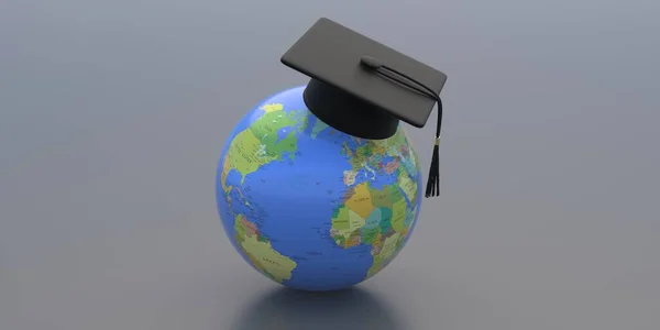 Σπουδές Στο Εξωτερικό Graduate Hat Earth Glass Γκρι Φόντο Διεθνής — Φωτογραφία Αρχείου