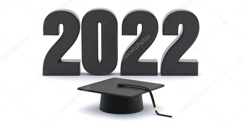 2022 Class Graduation black logo. High school, college graduate party invitation, congratulations. Year number and grad cap isolated on white background. 3d illustration