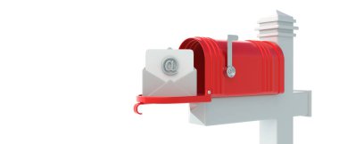 Gelen e-posta. Beyaz direkteki kırmızı retro posta kutusu beyaz arka planda izole edilmiş bayrak kaldırılmış. Posta kutusuna yeni posta geldi, boşluğu kopyala. 3d illüstrasyon