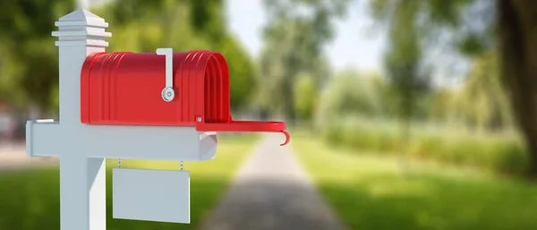Mailbox Colore Rosso Sul Palo Con Porta Aperta Bandiera Sollevata — Foto Stock