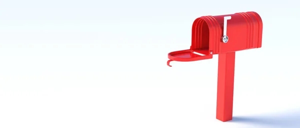 白い背景に隔離された赤いメールボックス オープンドアと上げフラグ コピースペース テンプレートとヴィンテージポストボックスを空にします 伝統的なコミュニケーションの概念 3Dイラスト — ストック写真