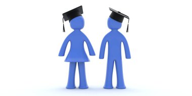 Üniversite mezunu erkek ve kadın karakterler beyaz arka planda izole edildi. Üniversite, yüksek lisans öğrencileri. Mezuniyet akademik şapkası, diploma derecesi. 3d Görüntü