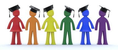 LGBT Üniversitesi Mezunları. Üniversite, lise mezunu, akademik şapkalı, beyaz tenli. Gay bayrağının renkleri diploma diplomasını gösteriyor. 3d Görüntü