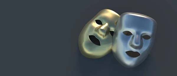 Ancient Theatre Masks Gold Silver Color Lack Background Theatrical Masquerade — Stock Photo, Image