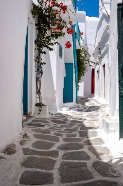 Mykonos adası, Chora köyü. Kiklad Yunanistan. Beyazlatılmış binalar, dar kaldırım taşı sokakları, geleneksel mimari. Yaz tatilleri,
