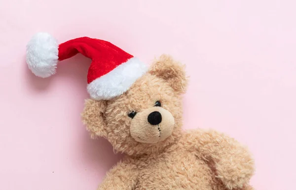 Christmas Present Teddy Bear Wearing Santa Hat Pink Color Background — Stockfoto