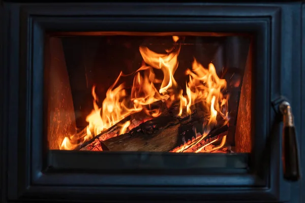 Stove Fireplace Burning Wood Glass Door Black Metal Fireside Fire — Foto Stock