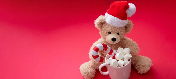 Santa Teddy Christmas Hot Beverage Chocolate Mug Marshmallows Candy Cane — Stock Photo, Image