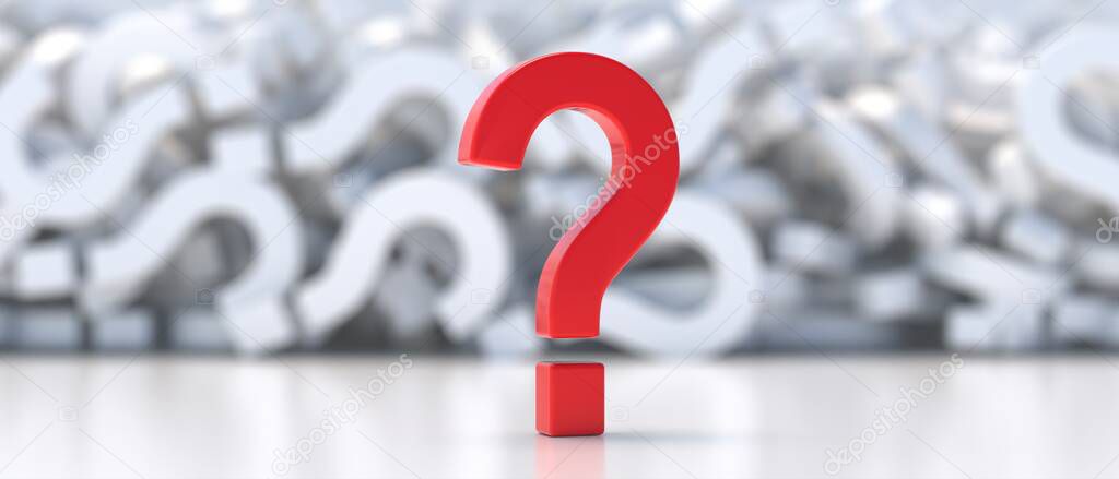 Question mark red, blur white color question marks pile background. Copy space, presentation template. 3d illustratio