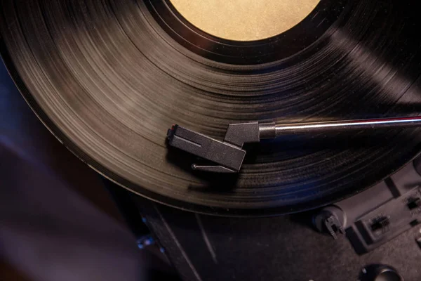 Turntable Vinyl Record Player Needle Disc Close Top View Retro — Foto Stock