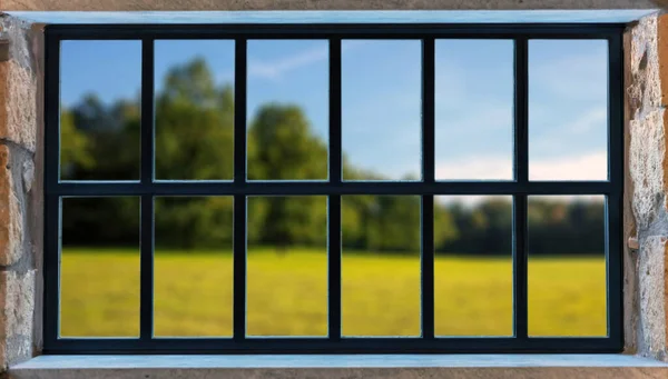 Metallrahmenfenster Einer Steinmauer Schwarze Farbe Aluminiumgitter Verschwimmen Naturhintergrund Freien Haus — Stockfoto