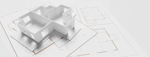 建築設計 青写真計画 建築図面上の住宅建築モデル 建築家プロジェクト 3Dイラストレシオ — ストック写真