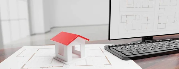 Architecture Design Blueprint Plan Residential Building Model Small House Red — Stock Photo, Image