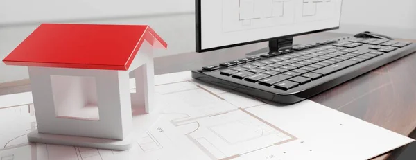 建筑设计图 住宅建筑模型 有红色屋顶的小房子和关于建筑设计图纸的计算机 3D说明 — 图库照片