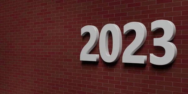 2023 New Year. White digit on red brick wall background. Number on building facade, copy space, greeting card template. 3d illustration