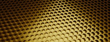 Hexagon pattern, golden honeycomb cell gold background, light. Geometry and technology backdrop. 3d illustration