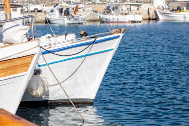 Yunanistan 'ın Paros adasındaki Naousa eski limanına demir atmış bir balıkçı teknesi, Cyclades. Turist taşımacılığı için geleneksel ahşap gemi, yakın plan. Yaz tatili