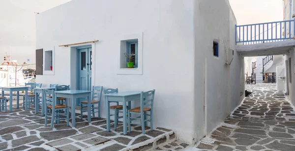 Greece Paros Island Naousa Old Port Outdoor Cafe Restaurant Empty — стокове фото