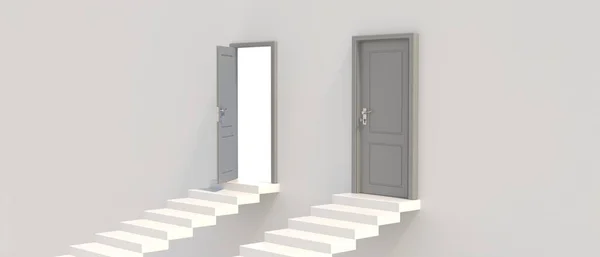 Open Closed Door Top Stairs Rising Straight Staircase Business Opportunity — Zdjęcie stockowe