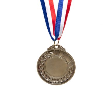 Bronz madalya, üçüncülük. Şampiyon ödülü ve kırmızı mavi kurdele, tasarım unsuru. Spor dalında ödül beyaz arkaplanda izole edilmiş