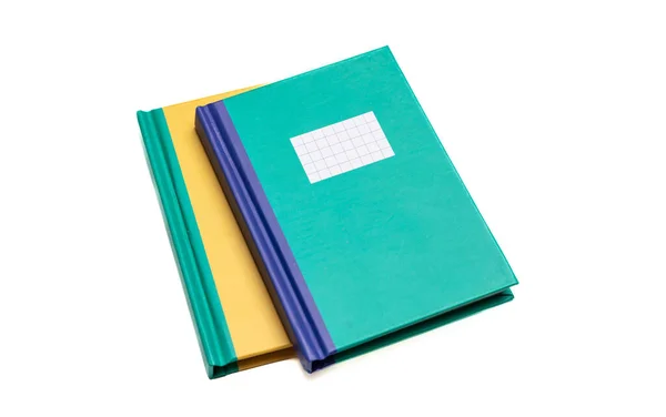 Notepad Geïsoleerd Witte Achtergrond Blanco Label Groen Geel Hardcover Notitieboekje — Stockfoto