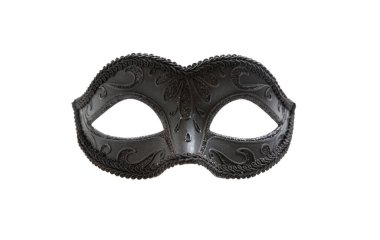 Karnaval maskesi beyaz arka planda izole edilmiş, Venedik tiyatrosu kadını siyah renkli süslemelerle karşı karşıya.