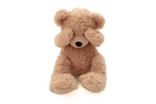 Teddy Bear Cover Eye Isolated White Background Front View Child — Stok Foto