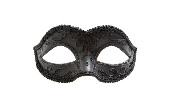 Carnival mask isolated on white background, Venetian theatre female face black color ornate disguise, front view