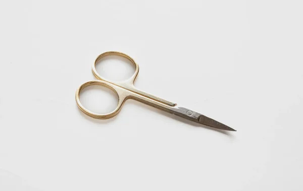 Small Scissors Steel Nail Scissors Gold Hundle Isolated White Background — 图库照片