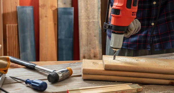 Drill Electric Tool Carpenter Hand Drilling Wooden Plank Construction Industry — Stock Photo, Image