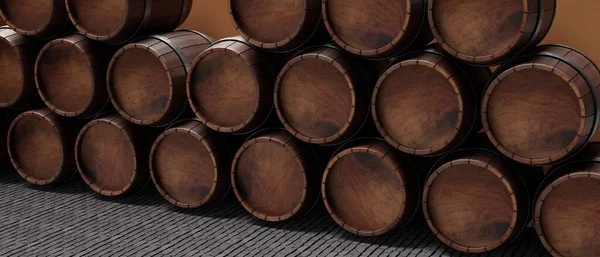 Wine Beer Casks Stacked Dark Cellar Oak Wood Barrel Rum — Stock Photo, Image