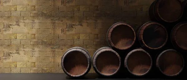 Oak Wood Barrel Wine Beer Casks Stacked Floor Dark Cellar — Stock Photo, Image