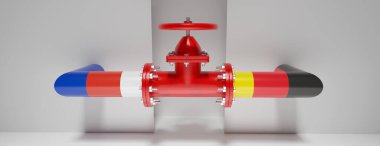 Nord akım doğalgaz boru hattı Rusya ve Almanya 'yı birbirine bağlıyor. Nordstream 2 Rus ve Alman bayrağı vana tekerleğiyle boruda. 3d hazırlayıcı
