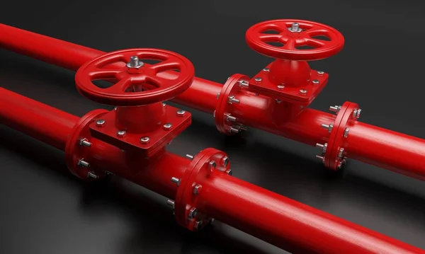 Rote Rohrleitungen Mit Ventilrad Auf Schwarzem Hintergrund Industrielle Löschwasserleitung Nahaufnahme — Stockfoto