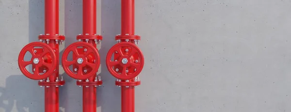 Linhas Tubo Vermelho Válvula Com Roda Sobre Fundo Parede Construção — Fotografia de Stock
