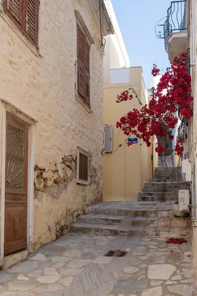 Grecia Isola Syros Ermoupolis Strada Stretta Scale Lastricate Pietra Bouganville — Foto Stock