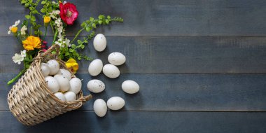 Paskalya Tatili. Hasır sepette bıldırcın yumurtası, mavi ahşap masa arka planı, üst manzara. Bahar çiçeği süslemesi, fotokopi alanı. Tebrik kartı şablonu