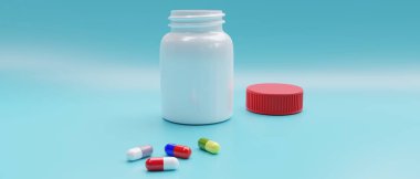 Açık mavi arka planda kırmızı kapaklı kapsül ve şişe rengi. İlaç hapı, vitamin hapı, ilaç dozajı ve beyaz plastik kap. Uzayı kopyala, afiş. 3d hazırlayıcı