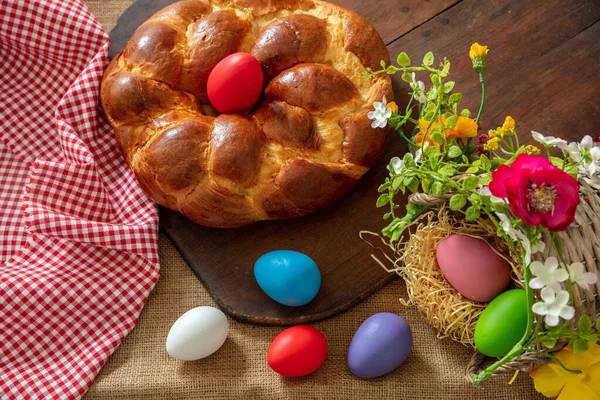 Easter Greek Tsoureki Braid Top View Sweet Bread Brioche Colorful — Stock Photo, Image