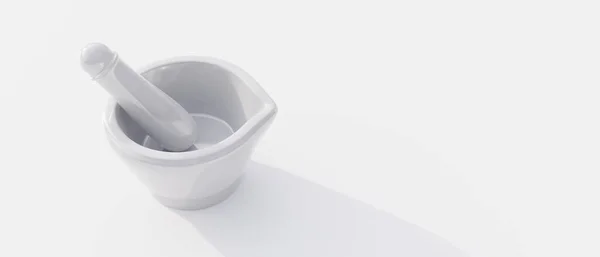 白を基調とした薬用磁器モルタルと杵 化学研究所 キッチン用の白いボウル 頭上からの眺め コピースペース バナー 3Dレンダリング — ストック写真