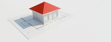 Mimari yapı tasarımı, proje planı. Mimari çizimde kırmızı çatılı bina modeli, kopyalama alanı. 3d rende