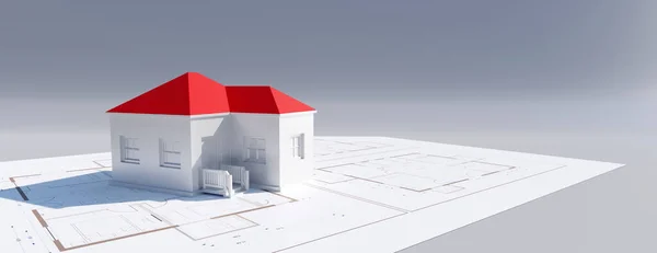 建筑设计 蓝图设计 建筑图上有红色屋顶的房屋模型 复制空间 Rende — 图库照片