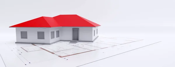 建筑师工程师 建筑设计理念 设计图上有红色屋顶的房屋建筑模型 复制空间 建筑图纸 Rende — 图库照片